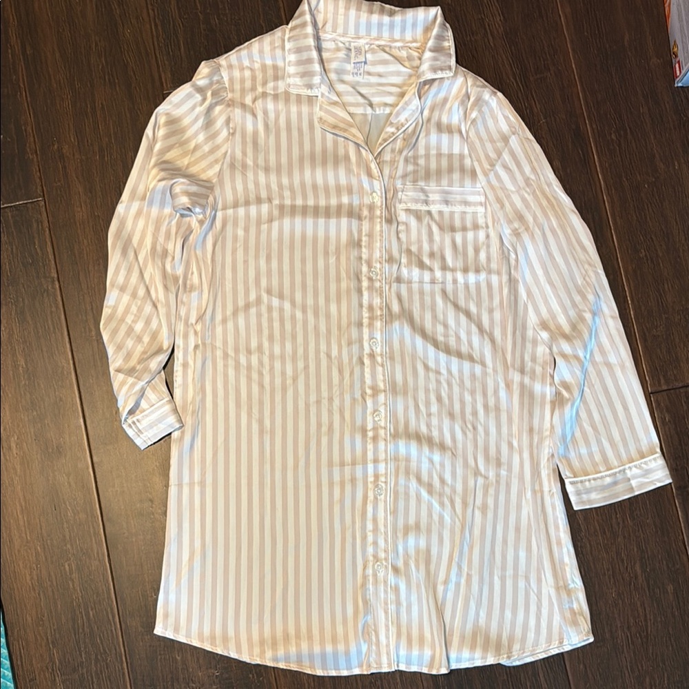 Cream Vertical Stripe silky PJ Button Down Shirt